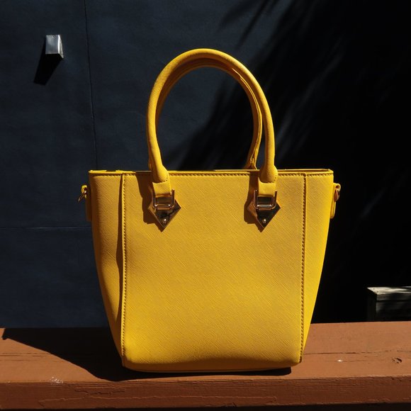 Yellow Leather Tote Handbag with Strap - Picture 1 of 10